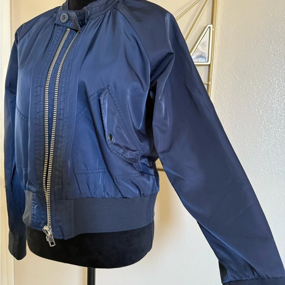 Free People Midnight Bomber Jacket Full Zip Sateen Navy Blue size Small - Picture 6 of 7